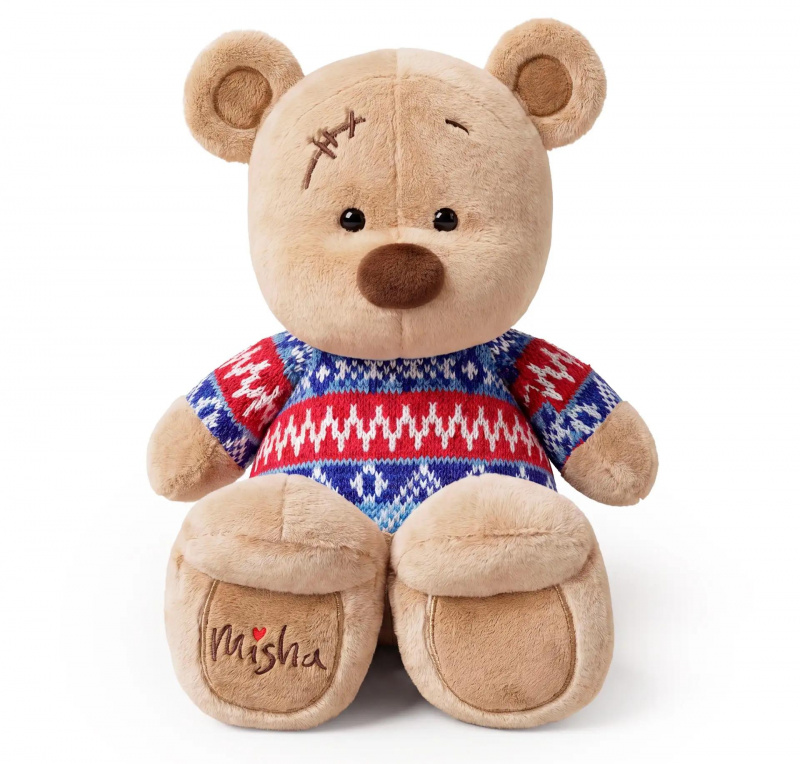 медведь Misha в свитере (красно-синий) (в коробке)